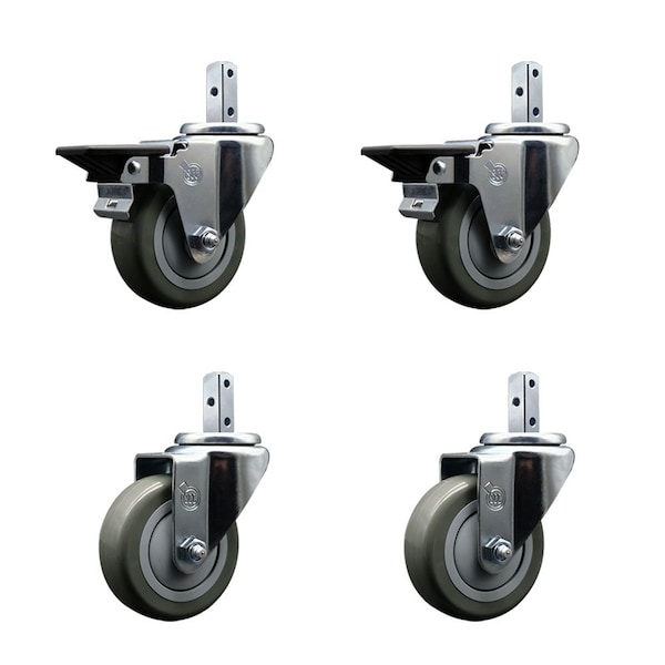 Service Caster 3.5'' Gray Polyurethane Wheel Swivel 3/4'' Square Stem Caster Set 2 Brake, 4PK SCC-SQ20S3514-PPUB-GRY-PLB-34-2-S-2 - main